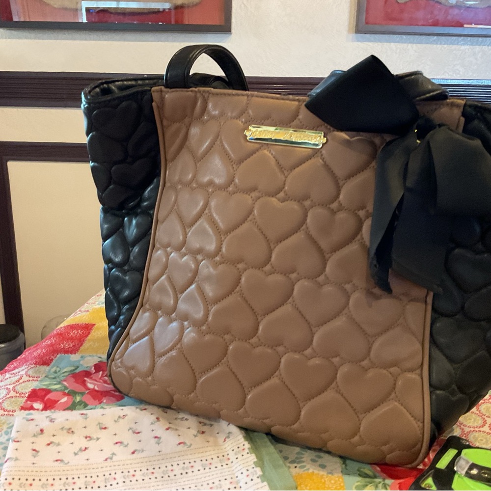 Betsey Johnson Quilted Heart Tote in Brown and Black with Bow